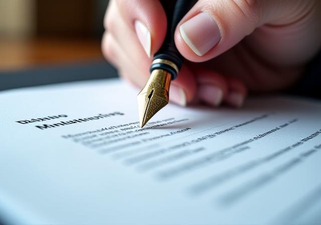 Close up of a professional lawyer reviewing a complex industrial manufacturing contract with a fountain pen